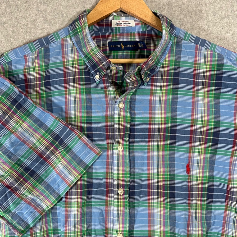 Ralph Lauren Button Down Mens 2XLT Blue Plaid Indian Madras Short Sleeve Shirt